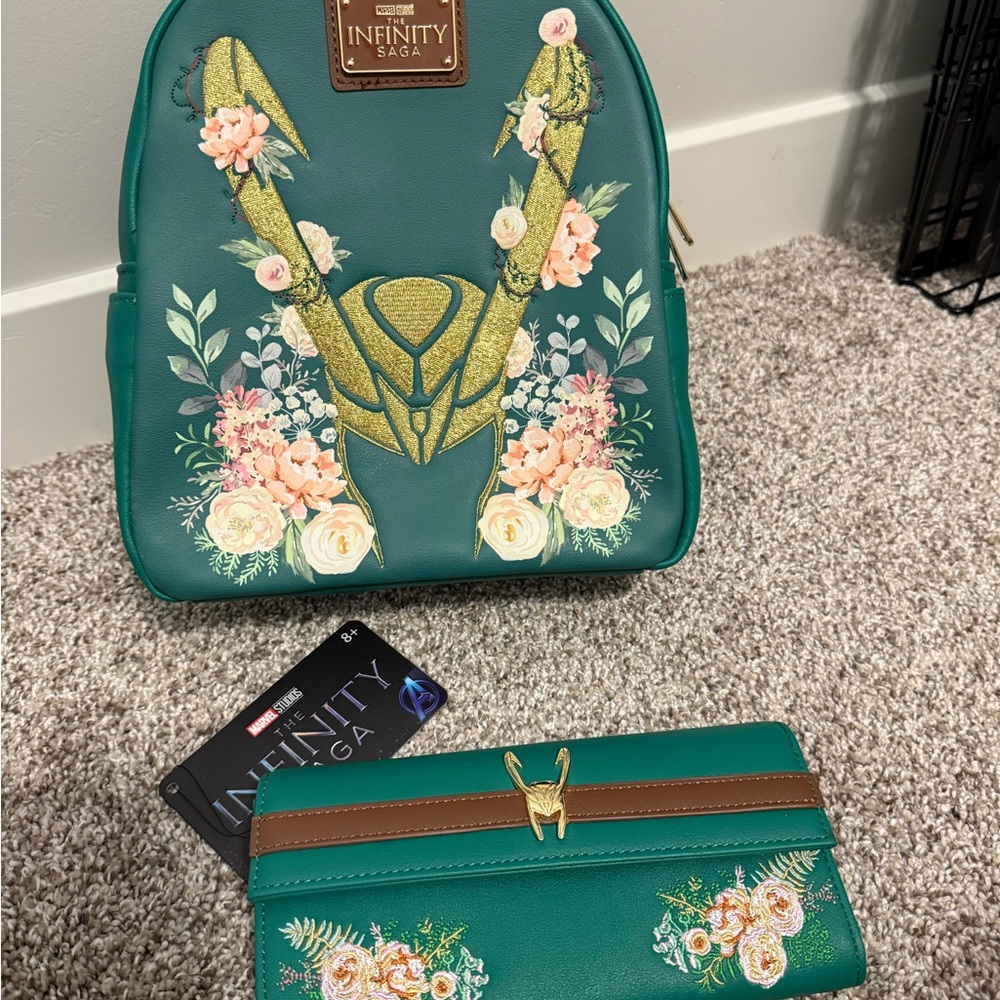 RARE Loungefly Infinity Saga Floral Loki Backpack & Wallet NWT